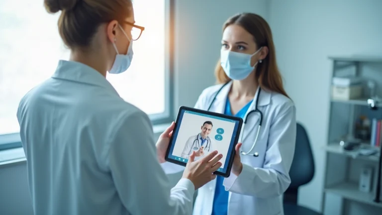 Professional healthcare provider in modern clinic setting using tablet with patient telemedicine interface visible, bright natural lighting, clean medical environment, realistic healthcare technology