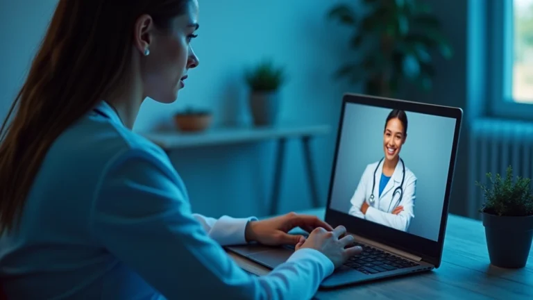 Professional woman using laptop for video telehealth appointment with doctor on screen, home office setting, calm blue lighting, healthcare technology