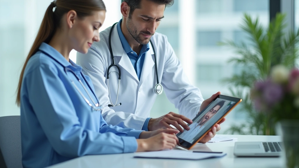 Healthcare professional in modern clinic using computer tablet to video conference with patient, bright medical office setting, professional attire, secure digital healthcare environment