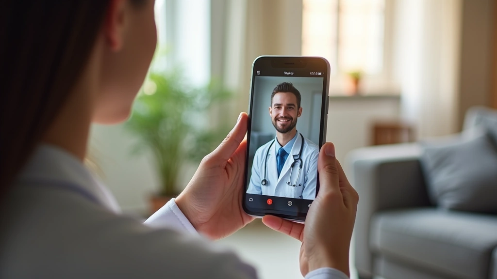 Patient using smartphone at home for virtual medical consultation, comfortable living room setting, video call interface on s