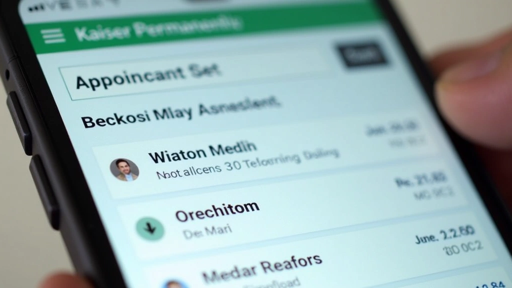 Close-up of smartphone displaying Kaiser Permanente patient portal with appointment scheduling interface, clean modern design