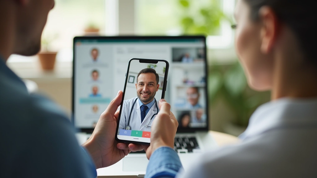 Patient using smartphone sitting in home office scheduling virtual doctor appointment through healthcare app interface, calm 