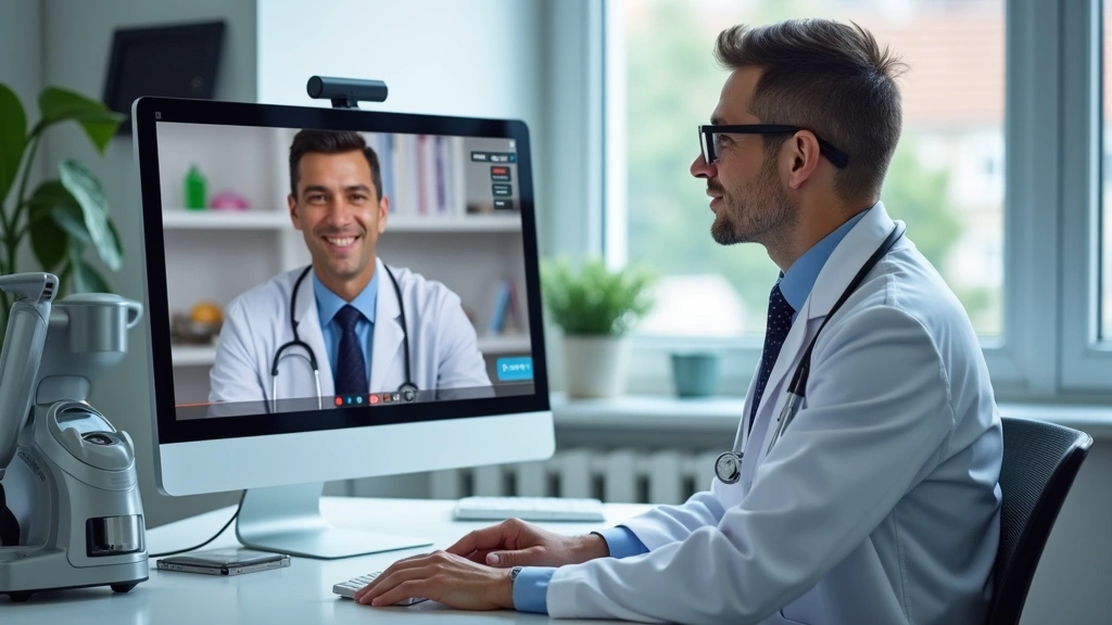 Doctor at desk in medical office conducting video consultation on computer monitor, professional healthcare environment, pati