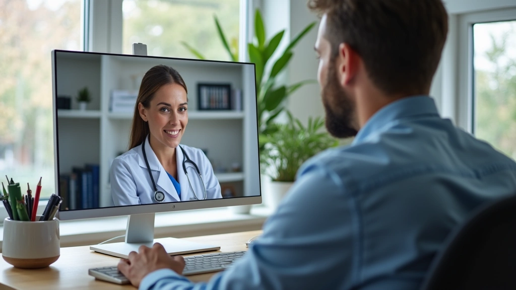 Male patient in home office during video call with female doctor on computer monitor, professional medical consultation, natu