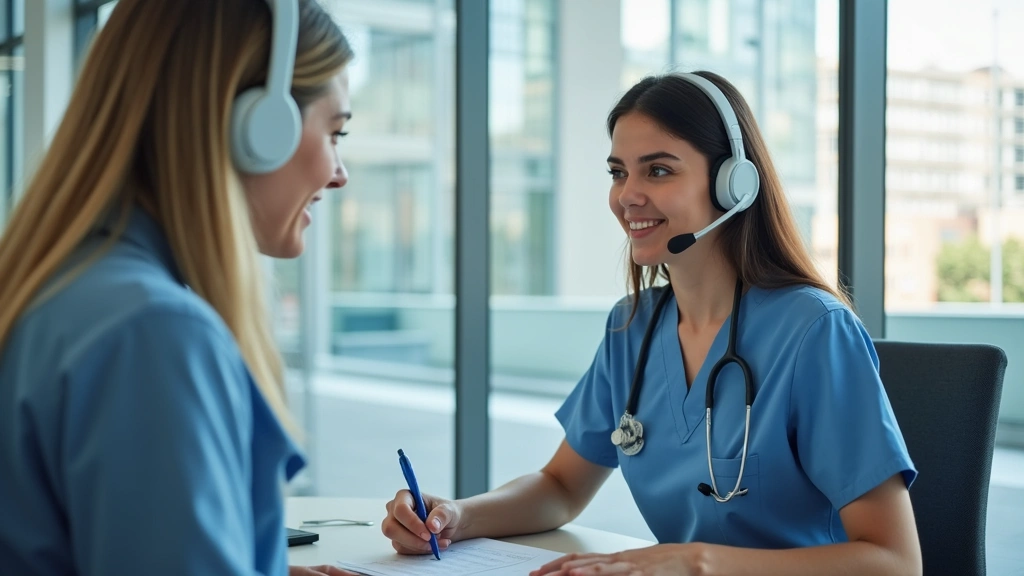 Kaiser Permanente medical staff member at desk wearing headset during virtual patient consultation, modern healthcare facilit