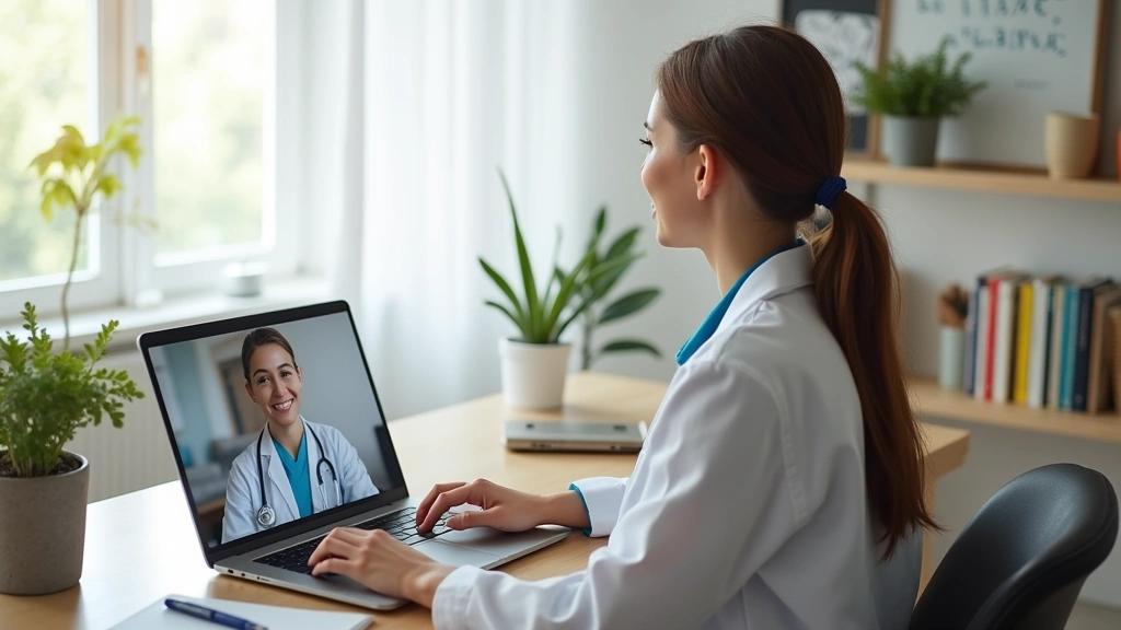 Woman sitting at home desk on video call with doctor on laptop screen, bright natural lighting, professional medical consultation