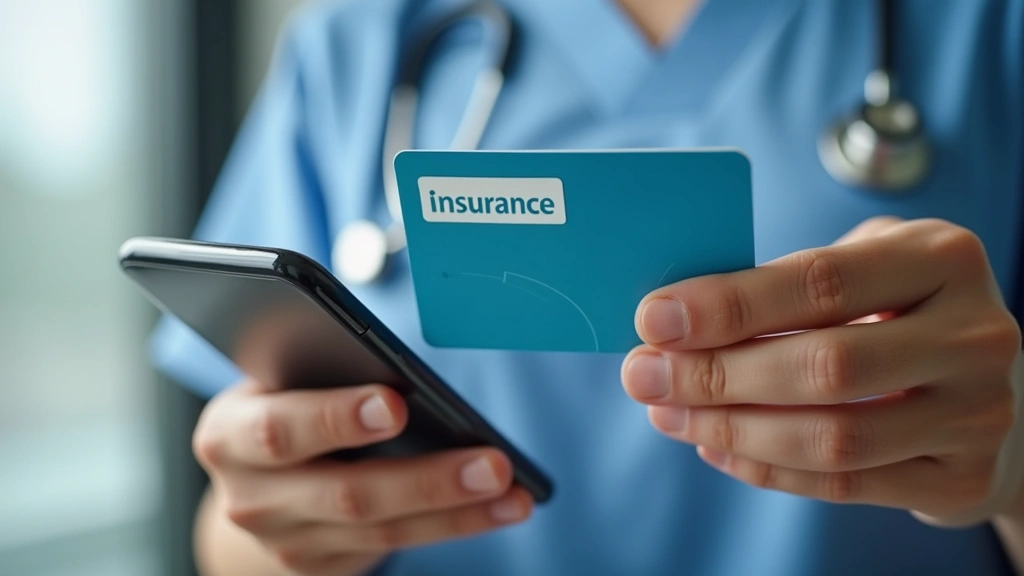 Close-up of patient hands holding insurance card and smartphone with telehealth app open, medical records visible