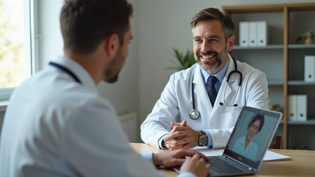 Doctor in white coat speaking to patient through laptop screen during telemedicine appointment, home office background