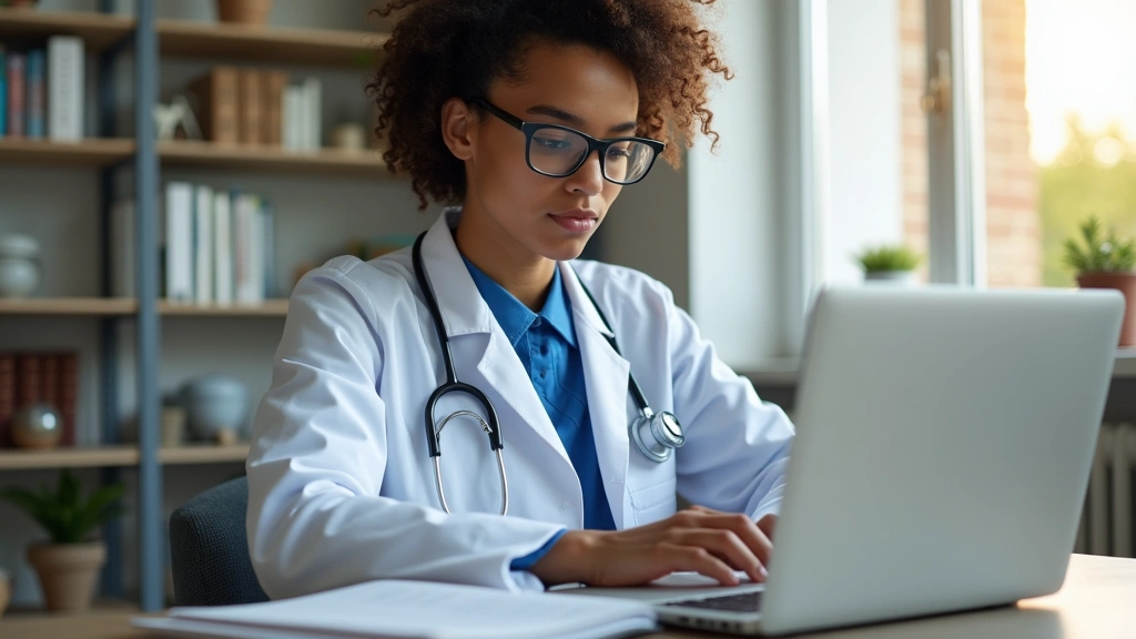 Medical student studying at home on laptop with stethoscope and medical textbooks, professional home office setting with natural lighting, photorealistic