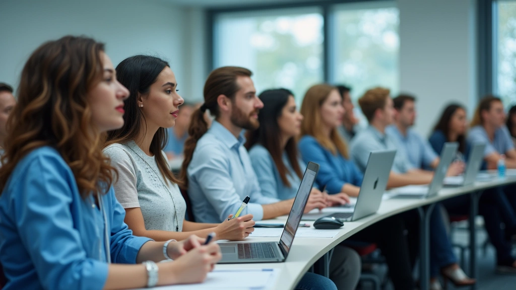 Medical school classroom with diverse students in lecture, some taking notes on tablets and laptops, modern educational setti