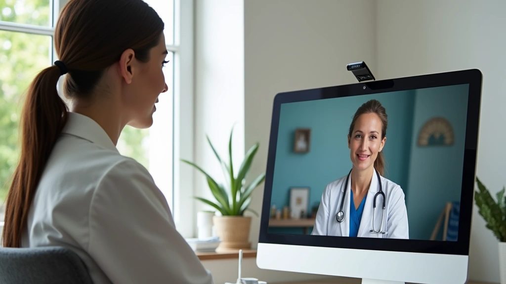 Woman sitting at home desk during video call with female doctor on computer screen, professional medical consultation setting, natural lighting, calm expression, healthcare technology environment