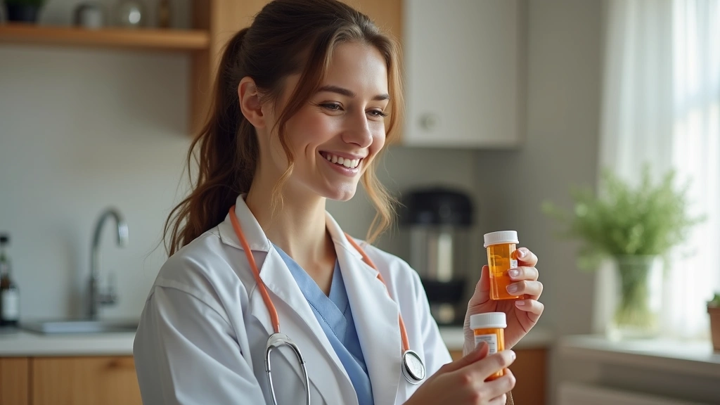 Female patient holding prescription bottle at home, smiling, natural indoor lighting, antibiotic medication, healthcare treat