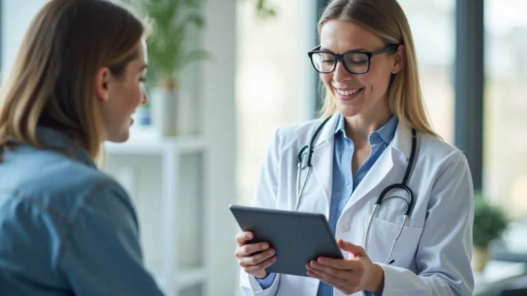 Professional female doctor in white coat conducting telemedicine consultation on tablet with patient, modern medical office background, natural lighting