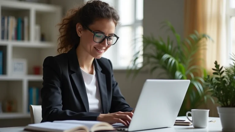 Professional educator reviewing online course materials on laptop in modern home office, natural lighting, focused study environment, no text visible