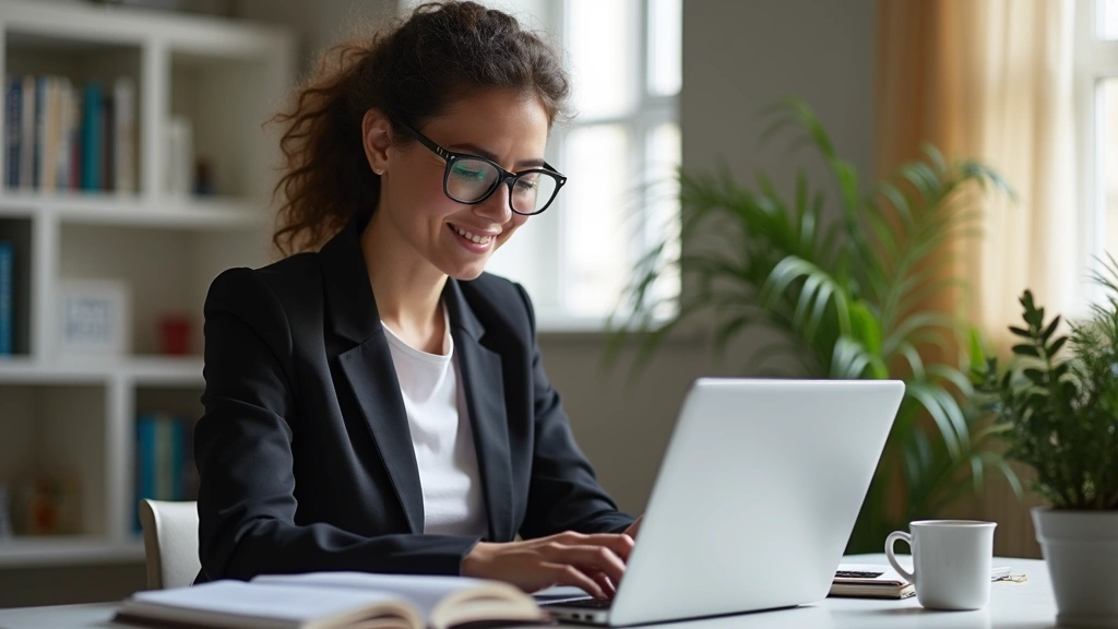 Professional educator reviewing online course materials on laptop in modern home office, natural lighting, focused study environment, no text visible