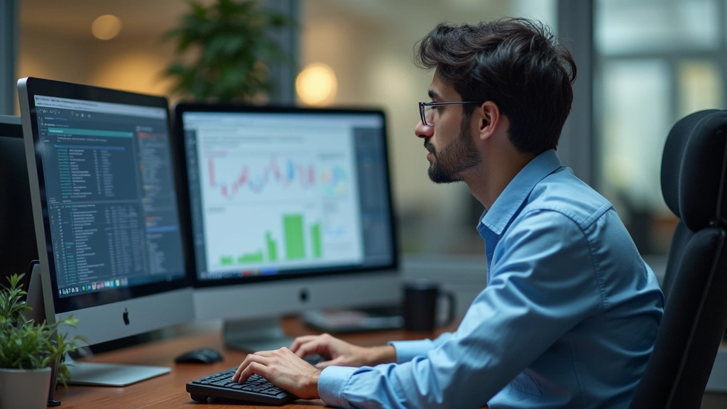 Educational administrator reviewing institutional data and reports on computer in university office, professional workspace, 