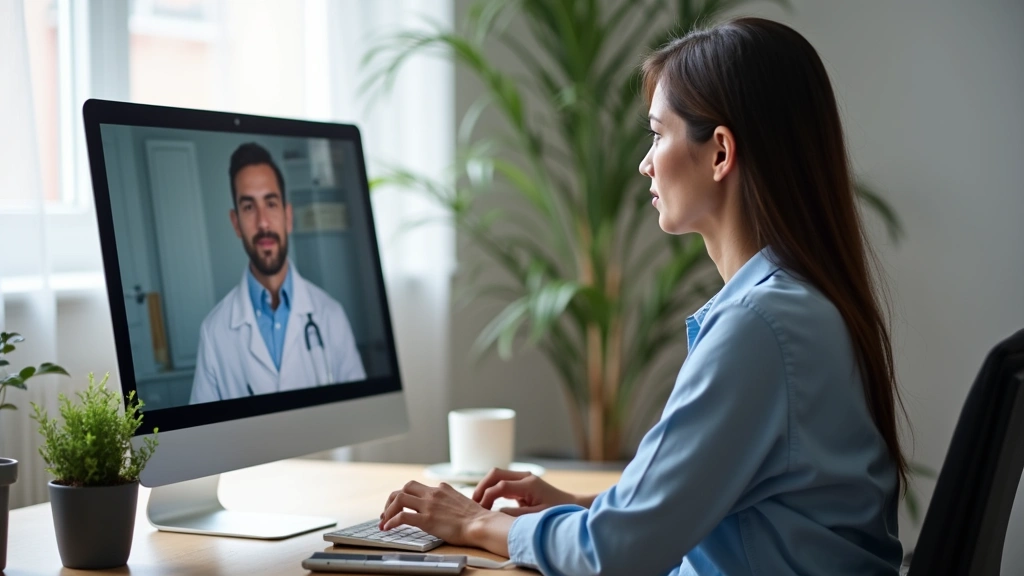 Patient sitting at home desk during video call with doctor on computer screen, professional medical setting, natural lighting, serious focused expression