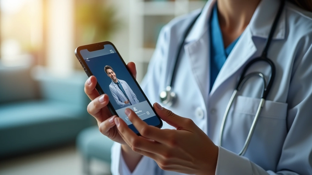 Close-up of hands holding smartphone showing telehealth app interface with doctor profile, blurred home background, modern he