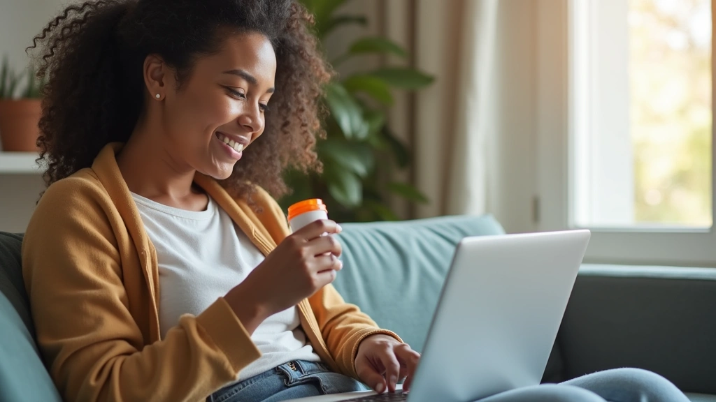 Person in comfortable home environment holding prescription bottle while looking at laptop screen, satisfied expression, natu