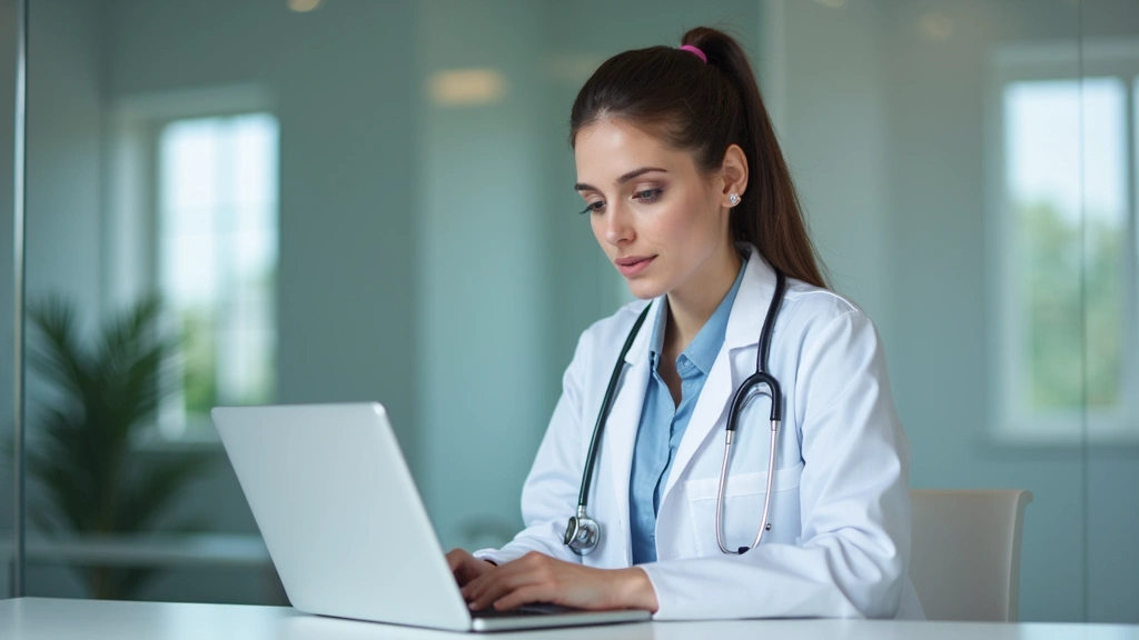 Professional woman doctor in white coat conducting virtual telemedicine consultation on laptop, modern clinic office background, healthcare technology focus