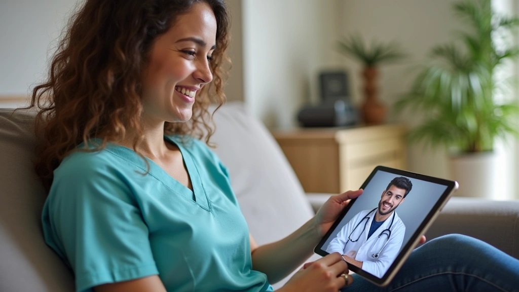 Uninsured patient smiling during friendly online video doctor consultation on tablet, home setting, supportive healthcare int