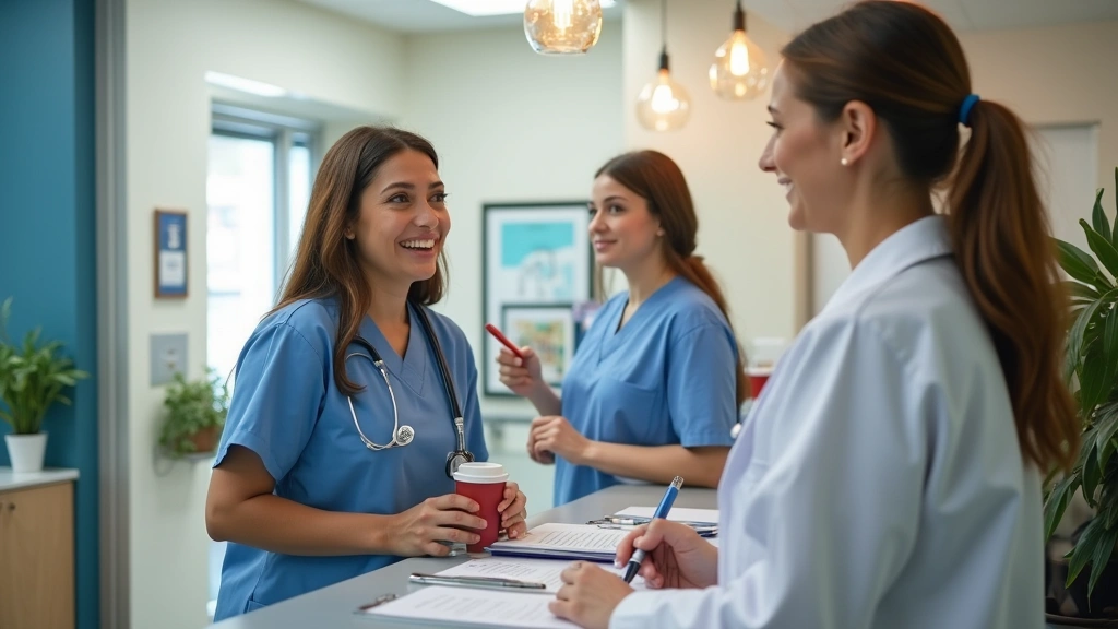 Community health center reception area with diverse staff assisting patients, welcoming clinic environment, professional medi