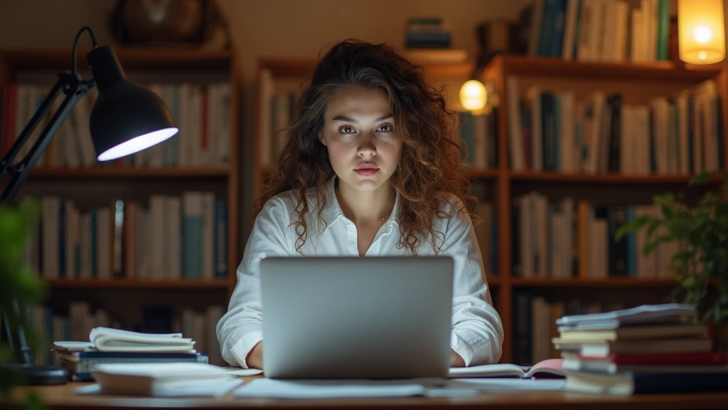 Professional woman in home office studying at computer during evening, surrounded by books and research materials, focused expression, warm lighting