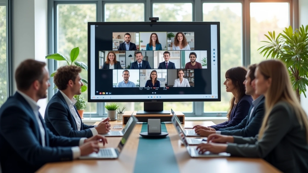 Diverse group of professionals in virtual meeting on large monitor screen, sitting at conference table, modern office setting