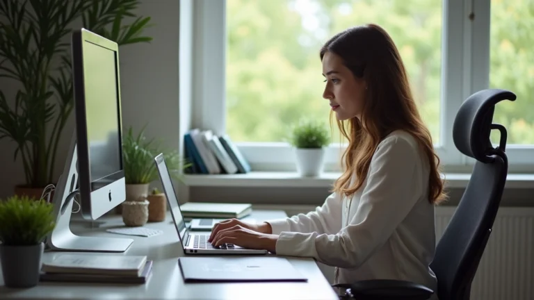 Professional woman working on laptop at home office desk with multiple monitors and books, natural window lighting, focused expression studying doctoral coursework