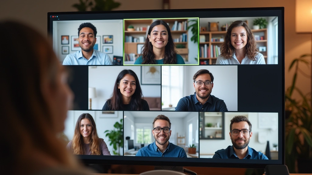 Diverse group of graduate students in virtual video conference meeting with professor on large screen, home office setting, c