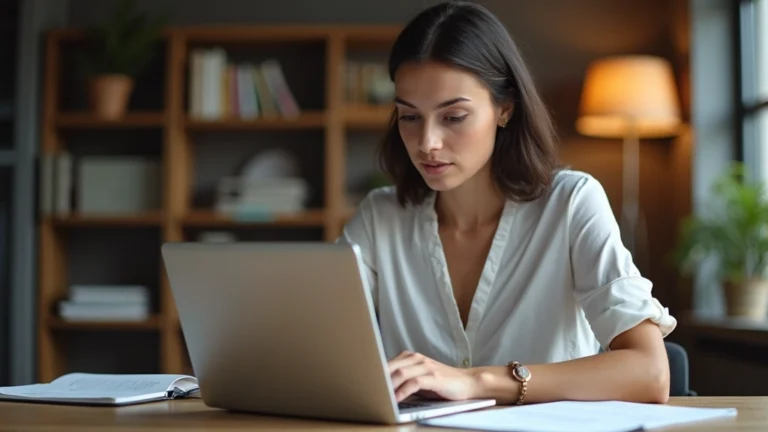Professional woman working on laptop at home office with research documents, focused on doctoral studies, warm lighting, modern workspace setup