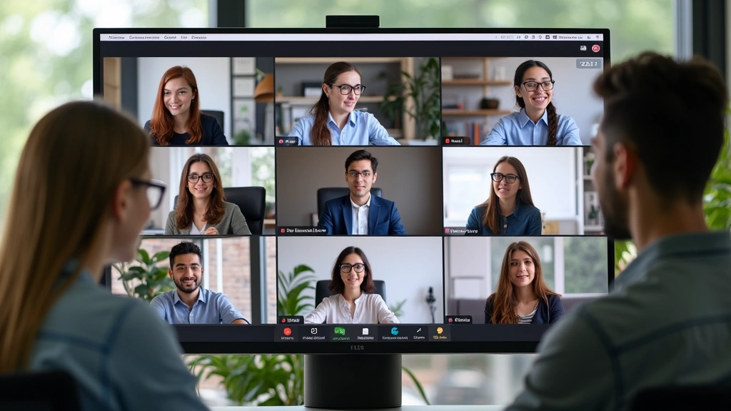 Diverse group of online students in virtual seminar meeting on large monitor screen, collaborative discussion, professional s