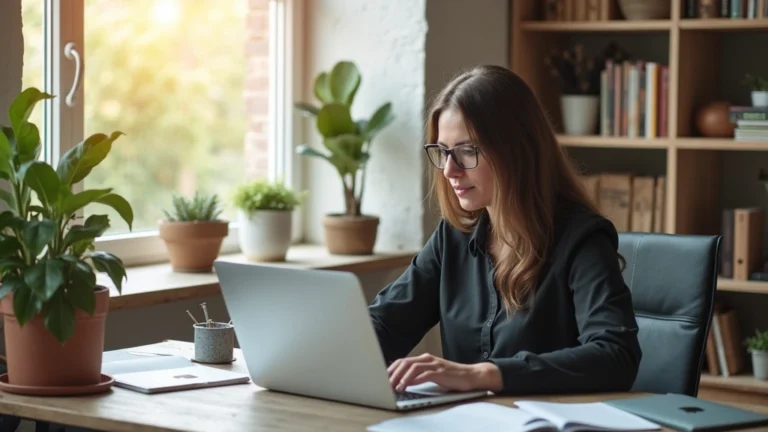 Professional educator working at laptop in modern home office with natural lighting, focused on online coursework, contemporary workspace setup