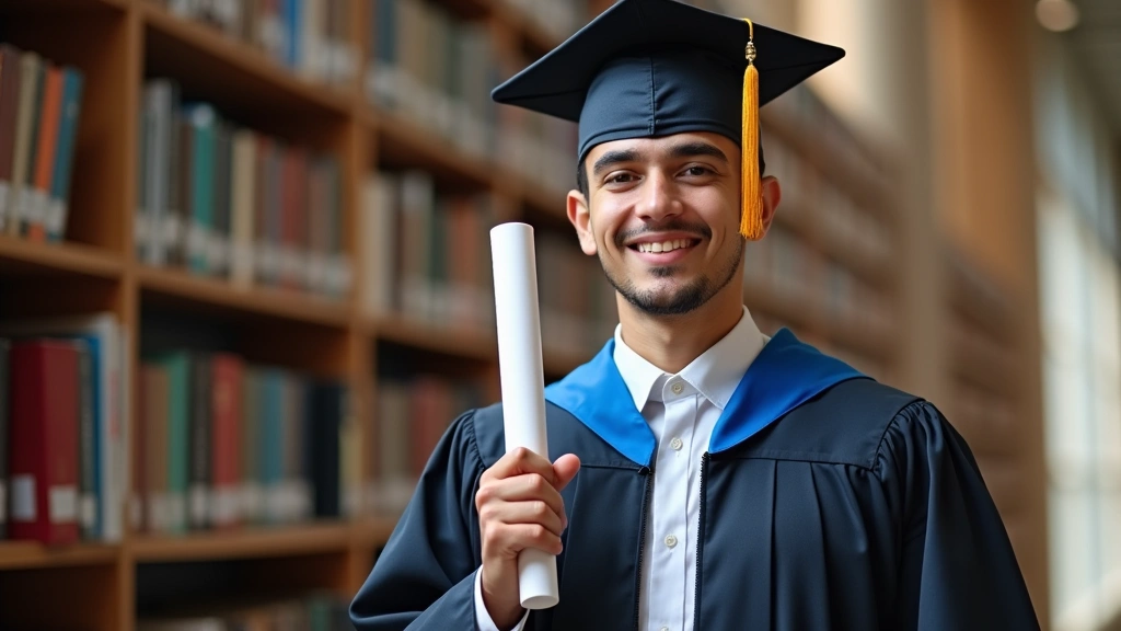 Graduate student in academic regalia holding diploma, professional portrait in university library setting with books and natu