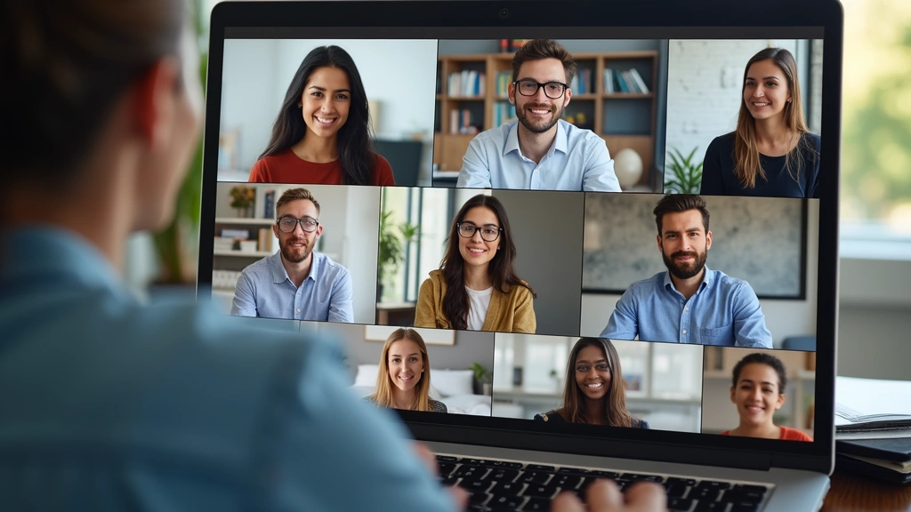 Diverse group of education professionals in virtual meeting on computer screen, representing online collaborative learning en