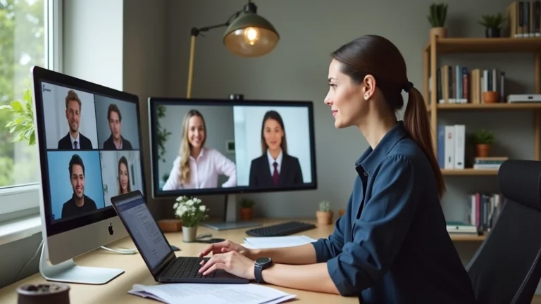 Professional woman at desk with laptop attending virtual doctoral seminar, multiple video conference windows visible, modern home office with books and academic materials