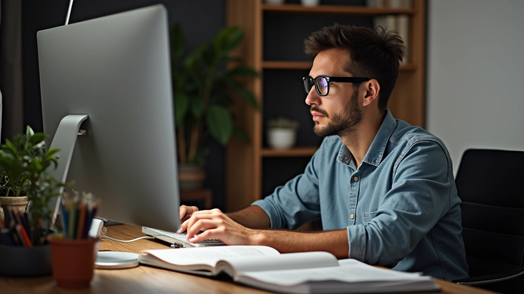 Male student working on dissertation research at computer in quiet study space, focused expression, multiple reference materi