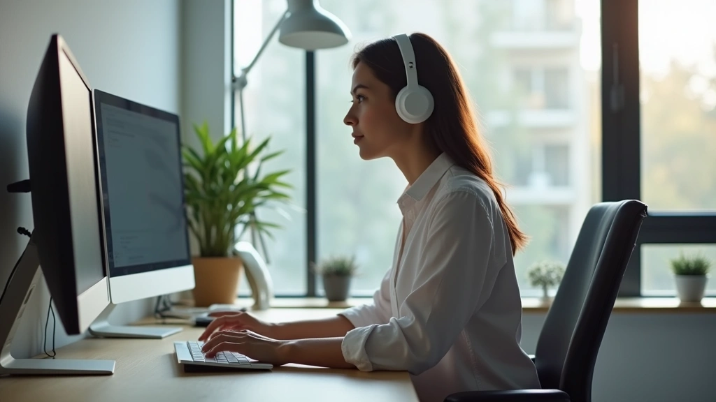 Professional woman with headset at home office desk with multiple monitors, taking online doctoral course, focused expression, modern minimalist workspace, natural daylight from window