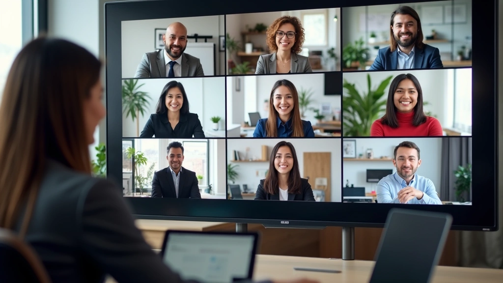 Diverse group of doctoral students in virtual video conference on large screen, each in separate home offices, collaborative