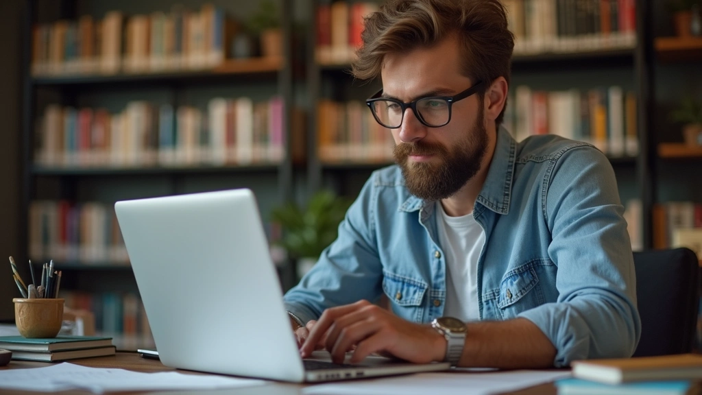 Male researcher in home library workspace reviewing dissertation documents and research papers, laptop open with virtual ment