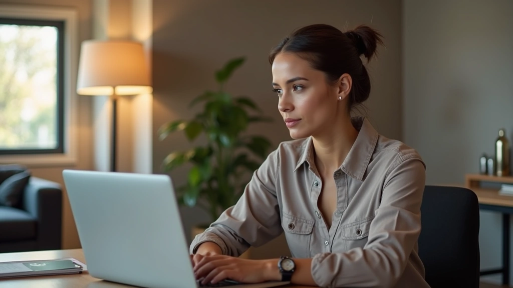 Professional female counselor in modern office conducting virtual session via laptop, warm lighting, contemporary furniture, focused expression, no text visible