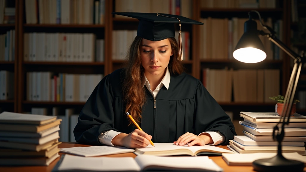 Graduate student at desk surrounded by research materials and dissertation documents, warm desk lamp, focused study environme