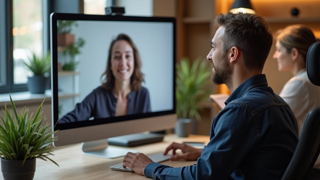 University professor leading online class via video conference, home office setting with professional background, engaged exp