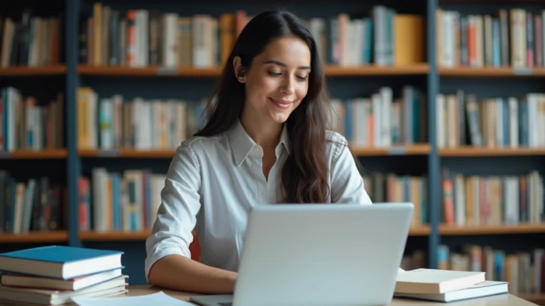 Professional educator in modern university library studying on laptop surrounded by education textbooks and research materials