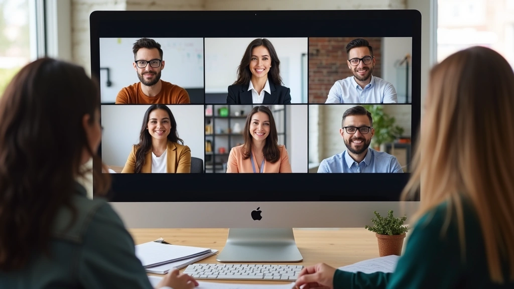 Diverse group of adult students in virtual classroom video conference call with instructor on screen discussing educational l