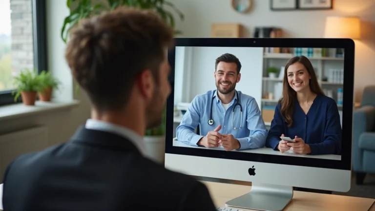 Professional psychologist conducting online video consultation with patient in modern clinical office setting, computer monitor visible, warm lighting, professional attire