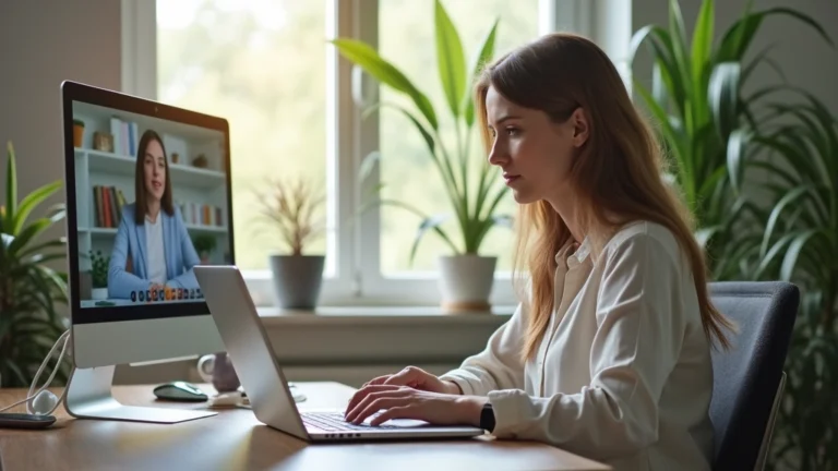 Professional woman working on laptop in home office, video conference with university advisor, modern minimalist workspace with plants, natural lighting through window