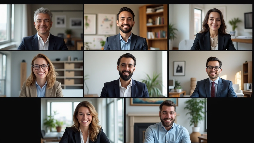 Diverse group of online doctorate students in virtual classroom, multiple screens showing video conference participants, coll