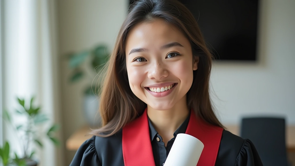 Young professional celebrating doctorate degree completion, holding diploma certificate, home office background, genuine smil