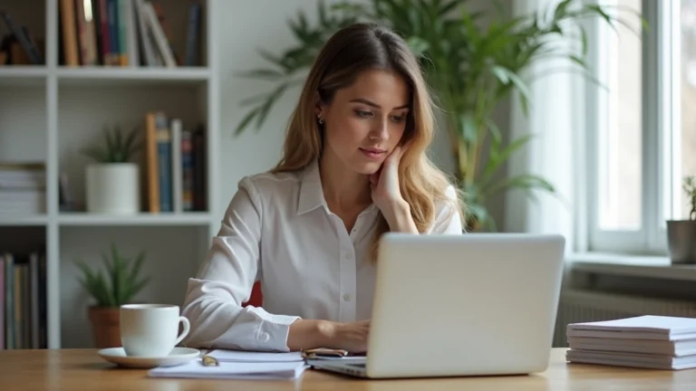 Professional woman studying at laptop in home office with textbooks and coffee, concentrated expression, natural lighting, modern workspace setup